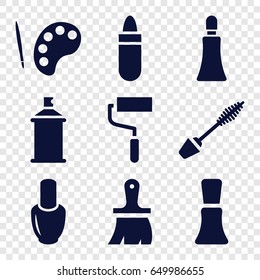 Paint icons set. set of 9 paint filled icons such as nail polish, lipstick, mascara, cream tube, brush, roller, spray paint