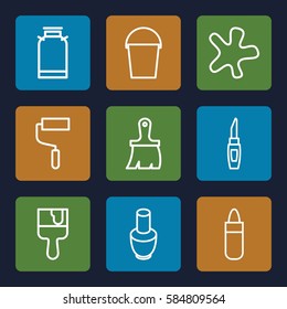 paint icons set. Set of 9 paint outline icons such as canister, nail polish, lipstick, splash, brush, roller, paint brush