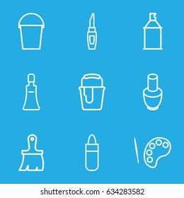 Paint icons set. set of 9 paint outline icons such as nail polish, lipstick, cream tube, brush, bucket