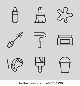 Paint icons set. set of 9 paint outline icons such as cream box, lipstick, mascara, splash, brush, bucket