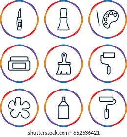 Paint icons set. set of 9 paint outline icons such as cream box, nail polish, lipstick, brush, roller, spray paint