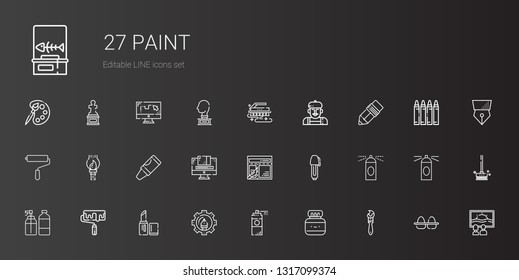 paint icons set. Collection of paint with paint brush, chinese ink, spray, graphic design, lipstick, roller, spray, pen, layout, crayon. Editable and scalable icons.