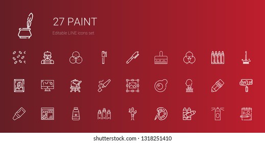 paint icons set. Collection of paint with crayons, palette, brush, nails, oil paint, layout, crayon, sculpture, egg, graphic design, highlighter. Editable and scalable icons.