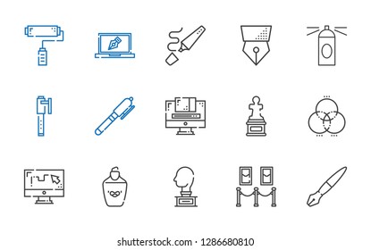 paint icons set. Collection of paint with fountain pen, painting, sculpture, highlighter, draw, rgb, graphic design, pen, hairspray, design. Editable and scalable paint icons.
