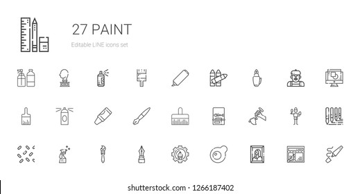 paint icons set. Collection of paint with painting, egg, graphic design, pen, paint brush, spray, sprinkles, sculpture, fishbone, fountain pen. Editable and scalable paint icons.
