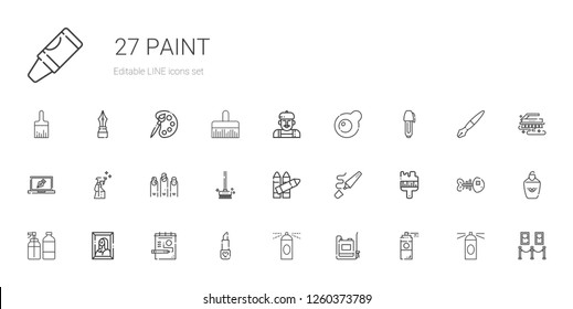 paint icons set. Collection of paint with paint spray, sprayer, spray, lipstick, draw, painting, brush, highlighter, crayons, brushes, nails. Editable and scalable paint icons.