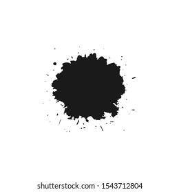 paint or ink blot and splash on white background. Round hand drawn frame. Black and white grunge poster. Grained stain. Vector dirty placard.  