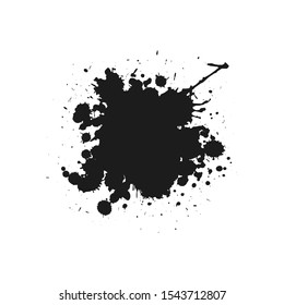 paint or ink blot and splash on white background. Round hand drawn frame. Black and white grunge poster. Grained stain. Vector dirty placard.  