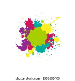 paint or ink blots and splashes on white background. Round hand drawn frame. Colorful grunge poster. Grained stain. Vector dirty placard.  