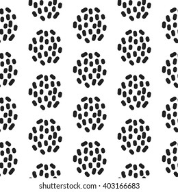 Paint ink brush dotted strokes vector seamless white pattern. Artistic monochrome black and white stains and swabs in abstract manner.
