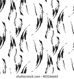 Paint ink brush strokes tail vector white seamless pattern. Artistic monochrome black and white stains and swabs in abstract manner.