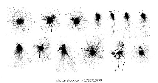 Paint ink splatter, stains set. Splash of paints with drops. High level of tracing and many details. Illustration splash and drip design, silhouette blob spray collection. Vector isolated set