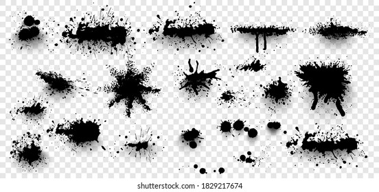 Paint ink splatter, stains set. Splash of paints with drops. High level of tracing and many details. Illustration splash and drip design. Monochrome drip splash, splat messy inkblot. Vector