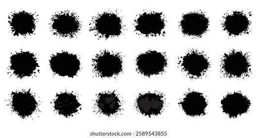 Paint ink splatter, stains set. Splash of paints with drops. High level of tracing and many details. Illustration splash and drip design, silhouette blob spray collection. Vector isolated set