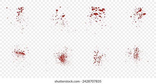 Paint Ink Stain Texture Set. Red Grunge Splash. Crime Mark Collection. Blood Drip Spatter. Abstract Messy Splat Pattern on Transparent Background. Bloodstain Splatter. Isolated Vector Illustration.