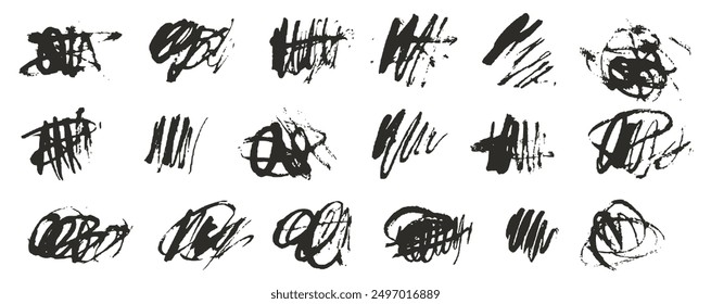 Paint or ink stroke scribble. Charcoal, chalk or crayon hand drawn design elements. Vector messy handwriting with grunge texture. Squiggle swirl line illustration set or collection. Pencil sketch.
