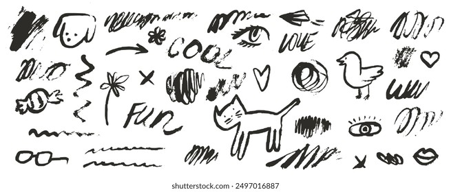 Paint or ink stroke scribble elements. Charcoal, chalk or crayon hand drawn stickers. Vector messy drawings with grunge texture. Squiggle swirl line illustration set or collection. Fun kid art sketch.