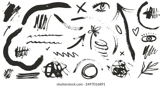 Paint or ink stroke scribble elements. Charcoal, chalk or crayon hand drawn messy drawings with grunge texture. Squiggle swirl line vector illustration set or collection. Punk grunge style sketches.