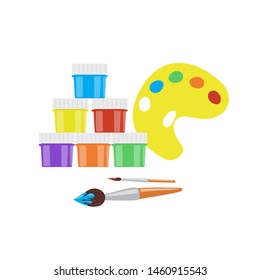 Paint in jars, palette and tassels
