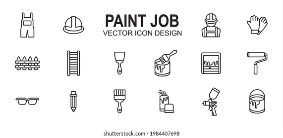 Paint job construction related vector icon user interface graphic design. Contains such icons as wear pack, uniform, helmet, labor, worker, glove, ladder, hand brush, roller, mixer, sprayer, bucket