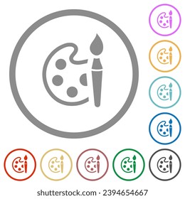 Juego de pintura iconos de color plano alternativos en contornos redondos sobre fondo blanco