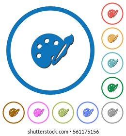 Paint kit flat color vector icons with shadows in round outlines on white background