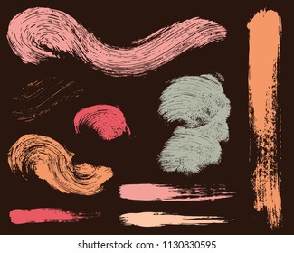 Paint lines grunge collection. Set of colorful grungy hand drawn brush strokes on a brown backdrop. Abstract ink texture, design elements, borders or frames. Brush strokes set backgrounds.