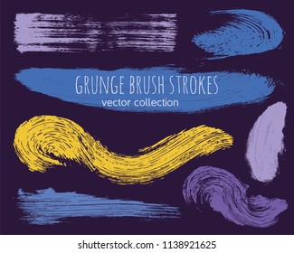 Paint lines grunge collection. Set of colorful grungy hand drawn brush strokes on a violet backdrop. Abstract ink texture, design elements, borders or frames. Brush strokes set backgrounds.