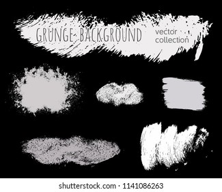 Paint lines grunge collection. Set of silver grungy hand drawn brush strokes isolated on black. Abstract ink texture, design elements, borders or frames. Brush strokes set backgrounds.