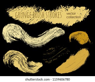 Paint lines grunge collection. Set of golden grungy hand drawn brush strokes isolated on black. Abstract ink texture, design elements, borders or frames. Brush strokes set backgrounds.