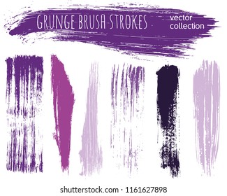 Paint lines grunge collection. Set of lilac grungy hand drawn brush strokes isolated on white. Abstract ink texture, design elements, borders or frames. Brush strokes set backgrounds.