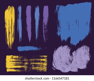Paint lines grunge collection. Set of colorful grungy hand drawn brush strokes on a violet backdrop. Abstract ink texture, design elements, borders or frames. Brush strokes set backgrounds.