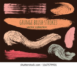 Paint lines grunge collection. Set of colorful grungy hand drawn brush strokes on a brown backdrop. Abstract ink texture, design elements, borders or frames. Brush strokes set backgrounds.