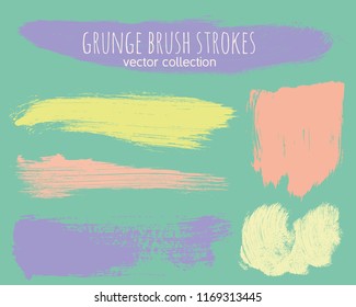 Paint lines grunge collection. Set of colorful pastel grungy hand drawn brush strokes on a green backdrop. Abstract ink texture, design elements, borders or frames. Brush strokes set backgrounds.
