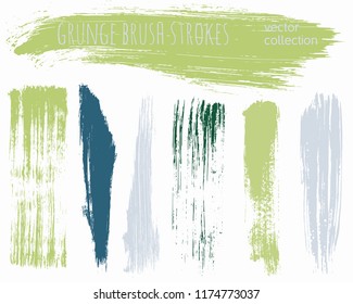 Paint lines grunge collection. Set of green grungy hand drawn brush strokes isolated on white. Abstract ink texture, design elements, borders or frames. Brush strokes set backgrounds.