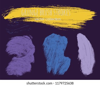 Paint lines grunge collection. Set of colorful grungy hand drawn brush strokes on a violet backdrop. Abstract ink texture, design elements, borders or frames. Brush strokes set backgrounds.