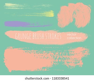 Paint lines grunge collection. Set of colorful pastel grungy hand drawn brush strokes on a green backdrop. Abstract ink texture, design elements, borders or frames. Brush strokes set backgrounds.