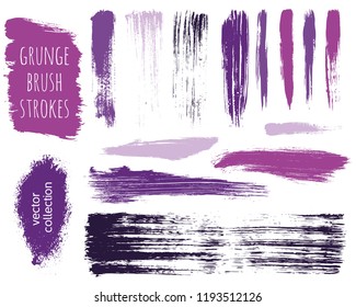 Paint lines grunge collection. Set of lilac grungy hand drawn brush strokes isolated on white. Abstract ink texture, design elements, borders or frames. Brush strokes set backgrounds.