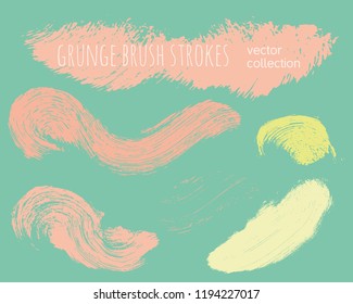 Paint lines grunge collection. Set of colorful pastel grungy hand drawn brush strokes on a green backdrop. Abstract ink texture, design elements, borders or frames. Brush strokes set backgrounds.