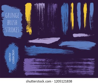 Paint lines grunge collection. Set of colorful grungy hand drawn brush strokes on a violet backdrop. Abstract ink texture, design elements, borders or frames. Brush strokes set backgrounds.