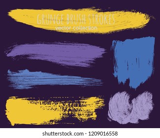 Paint lines grunge collection. Set of colorful grungy hand drawn brush strokes on a violet backdrop. Abstract ink texture, design elements, borders or frames. Brush strokes set backgrounds.