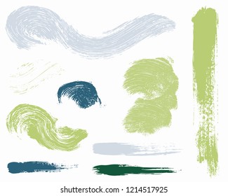 Paint lines grunge collection. Set of green grungy hand drawn brush strokes isolated on white. Abstract ink texture, design elements, borders or frames. Brush strokes set backgrounds.