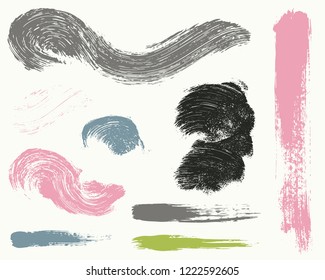 Paint lines grunge collection. Set of colored grungy hand drawn brush strokes isolated on white. Abstract ink texture, design elements, borders or frames. Brush strokes set backgrounds.