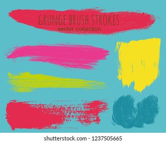 Paint lines grunge collection. Set of colorful bright grungy hand drawn brush strokes on a blue backdrop. Abstract ink texture, design elements, borders or frames. Brush strokes set backgrounds.