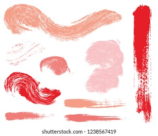 Paint lines grunge collection. Set of red and pink grungy hand drawn brush strokes isolated on white. Abstract ink texture, design elements, borders or frames. Brush strokes set backgrounds.