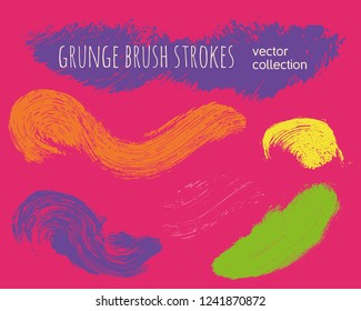 Paint lines grunge collection. Set of colorful bright grungy hand drawn brush strokes on a pink backdrop. Abstract ink texture, design elements, borders or frames. Brush strokes set backgrounds.