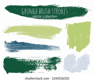 Paint lines grunge collection. Set of green grungy hand drawn brush strokes isolated on white. Abstract ink texture, design elements, borders or frames. Brush strokes set backgrounds.