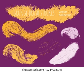 Paint lines grunge collection. Set of colorful bright grungy hand drawn brush strokes on a lilac backdrop. Abstract ink texture, design elements, borders or frames. Brush strokes set backgrounds.