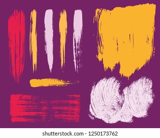 Paint lines grunge collection. Set of colorful bright grungy hand drawn brush strokes on a lilac backdrop. Abstract ink texture, design elements, borders or frames. Brush strokes set backgrounds.