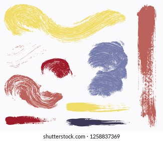 Paint lines grunge collection. Set of colorful grungy hand drawn brush strokes isolated on white. Abstract ink texture, design elements, borders or frames. Brush strokes set backgrounds.